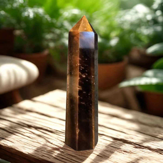 Tijgeroog edelsteen punt met gepolijste afwerking en warme aardetinten