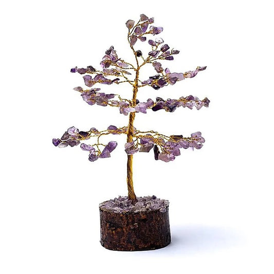 Edelsteenboom met amethist blaadjes op houten voet