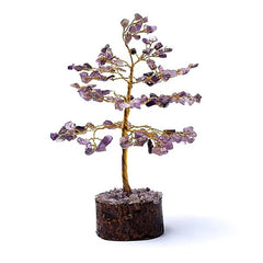 Edelsteenboom met amethist blaadjes op houten voet