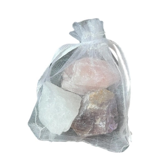 Gouden Driehoek edelstenen set met Amethist, Bergkristal en Rozenkwarts.