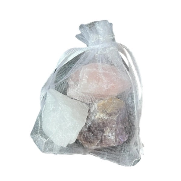 Gouden Driehoek edelstenen set met Amethist, Bergkristal en Rozenkwarts.