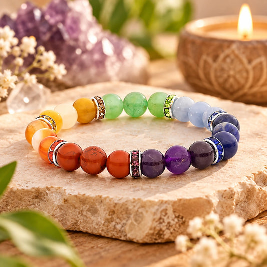 Chakra armband met kleurrijke edelstenen en zilverkleurige kralen