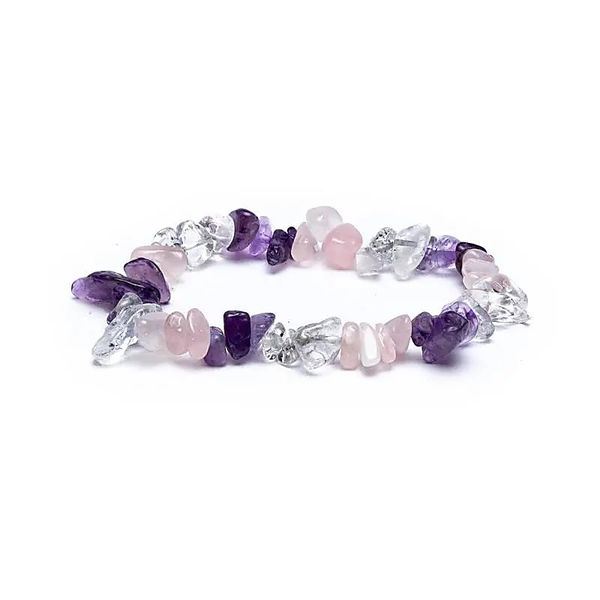 Gouden driehoek armband bestaande uit de edelstenen amethist, rozenkwarts en bergkristal.