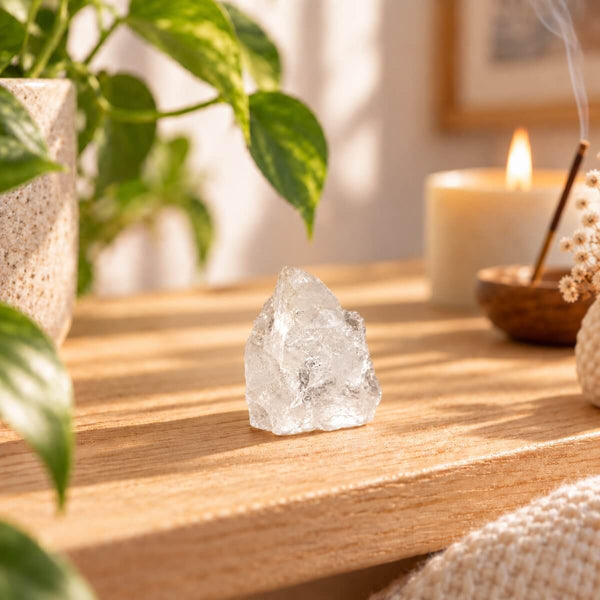 Natuurlijk bergkristal als spirituele edelsteen en woondecoratie