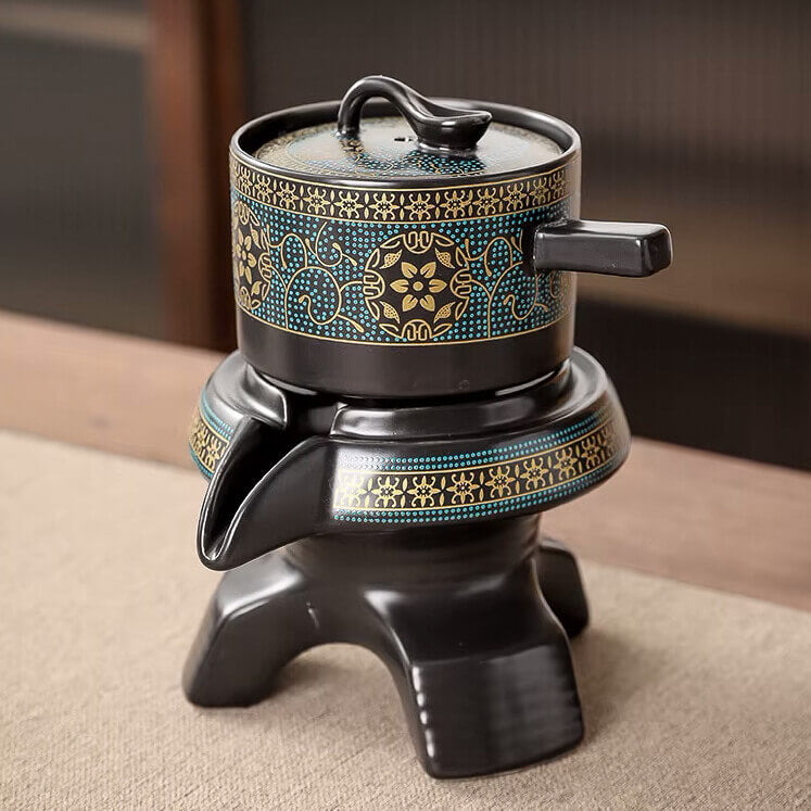 Kungfu theeservies van donker keramiek met 6 theekopjes